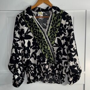 fig and flower Black and White Floral Top with Olive Accent